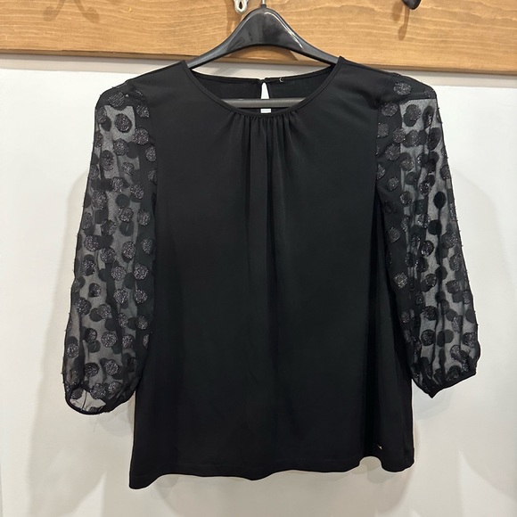 Calvin Klein black long sleeve with mesh polkadot three-quarter length sleeves - Picture 1 of 5